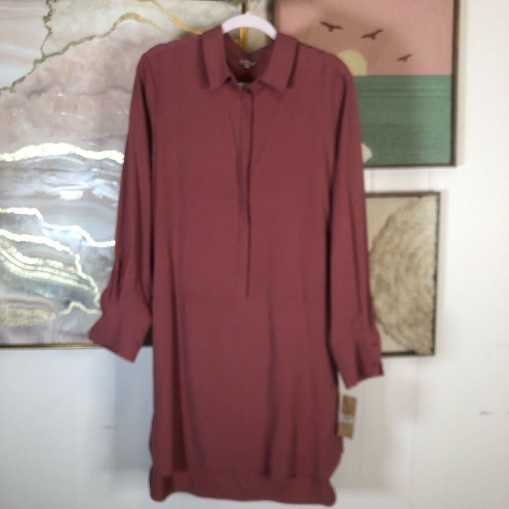 NWT Cremieux Womens Long Sleeve Hi-Low Button Front Shirt Dress Dusty Rose Large